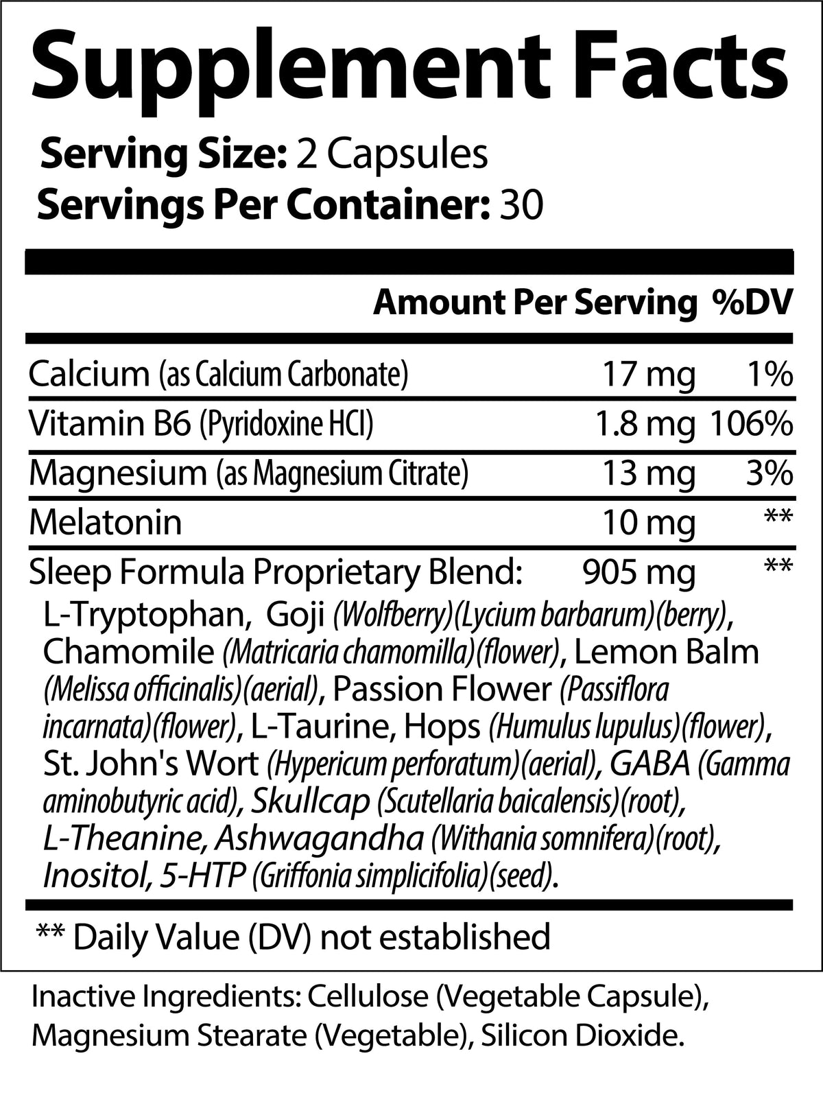 Nutra Moment Sleep Support supplement facts label showing ingredients and nutritional information for natural sleep aid.