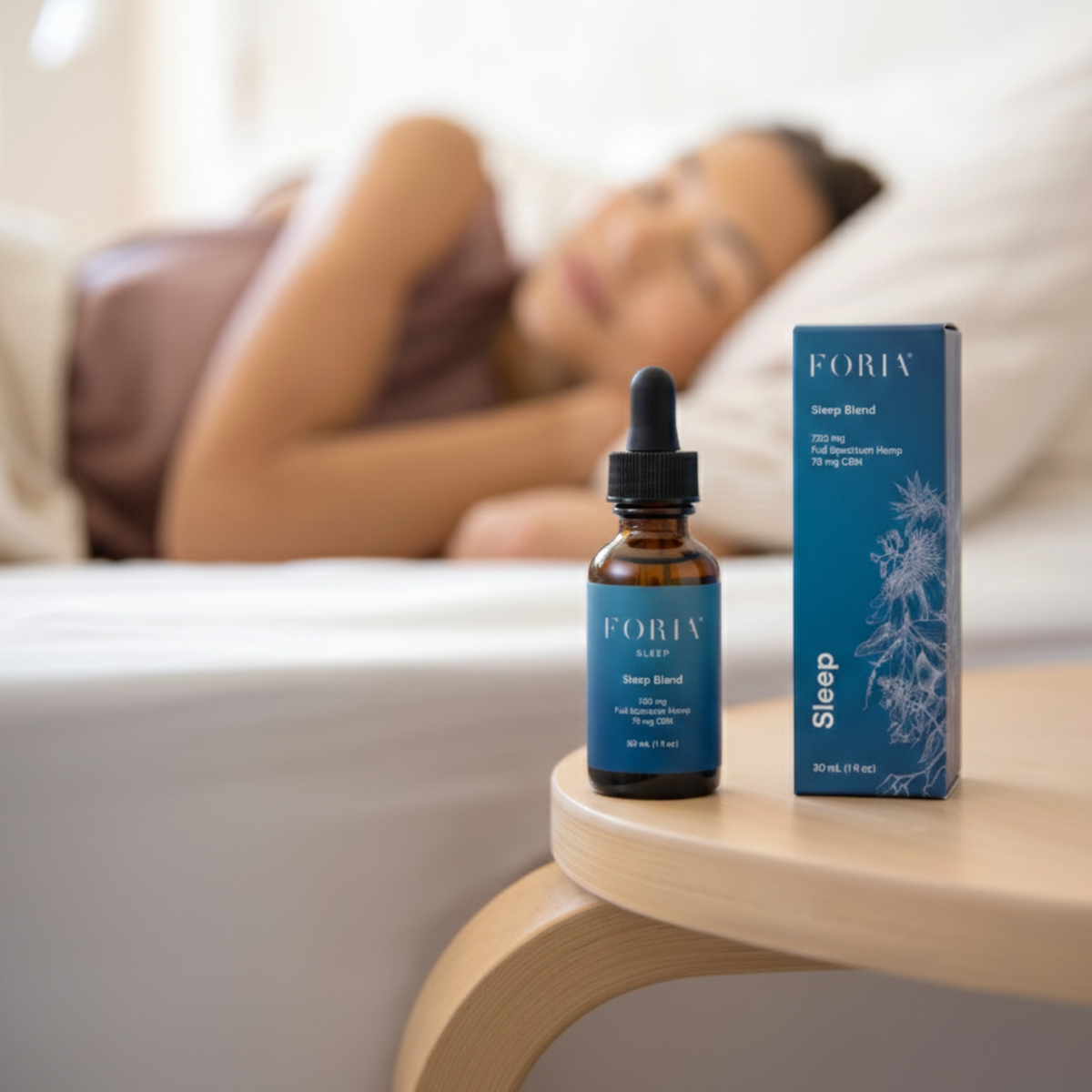 Foria Sleep Blend oil and tincture product image showing the bottle and packaging for promoting restful sleep.