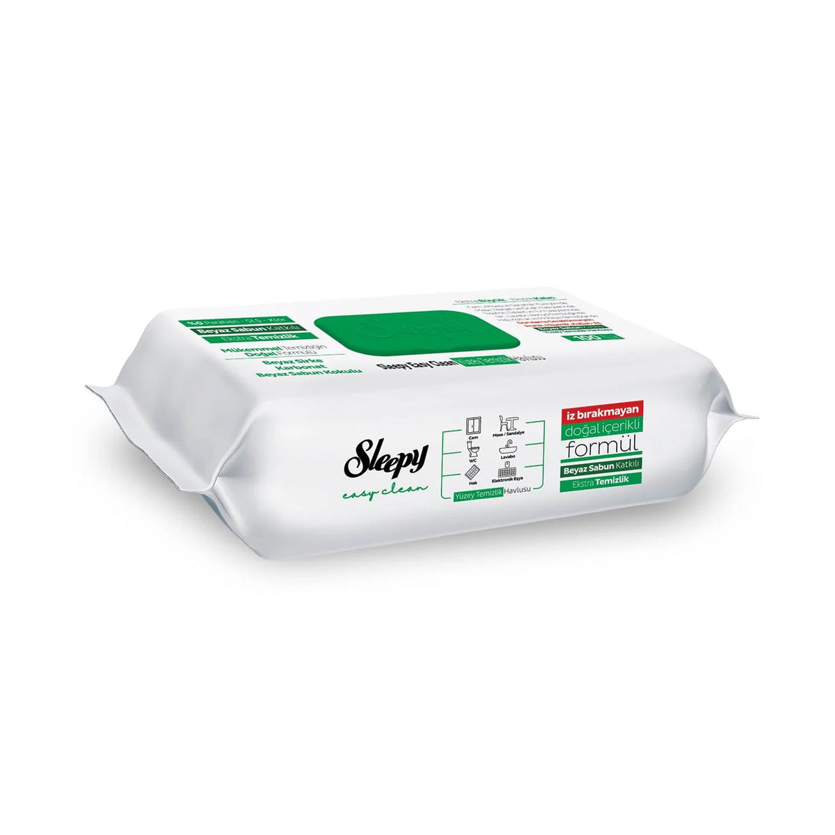 Sleepy Easy Clean Wipes Green by S101, 100-pack of cleaning wipes shown in a container, suitable for quick cleaning tasks.