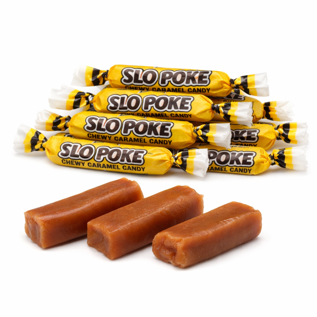 Assorted Atkinson's Slo Poke caramel candies in a bulk value bag from Candy In Bulk, showing caramel squares with a rich, golden-brown color.