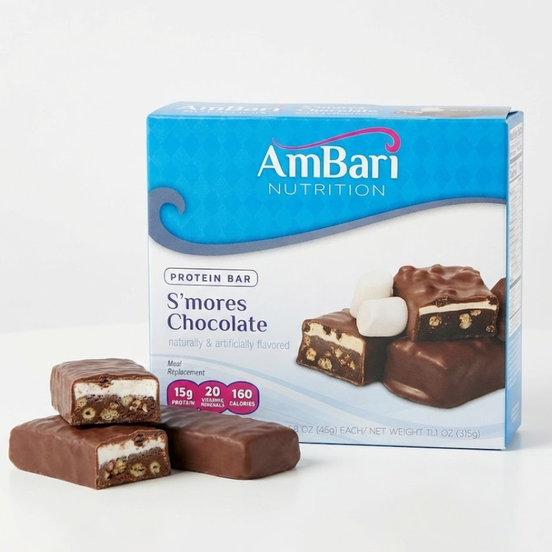 AmBari Nutrition S'mores Chocolate Marshmallow Bar showing a chocolate bar with marshmallow and graham cracker pieces