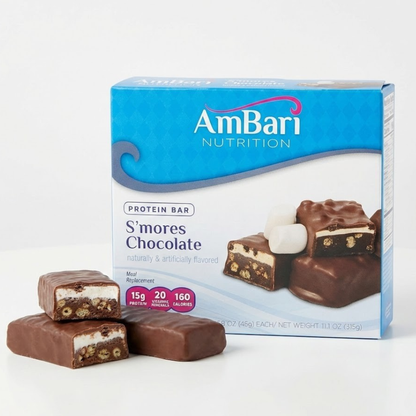 AmBari Nutrition S'mores Chocolate Marshmallow Bar showing a chocolate bar with marshmallow and graham cracker pieces