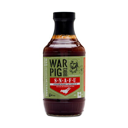 Bottle of WarPig BBQ SNAFU Elite BBQ Sauce with label visible, showcasing rich, dark sauce in a clear glass bottle.