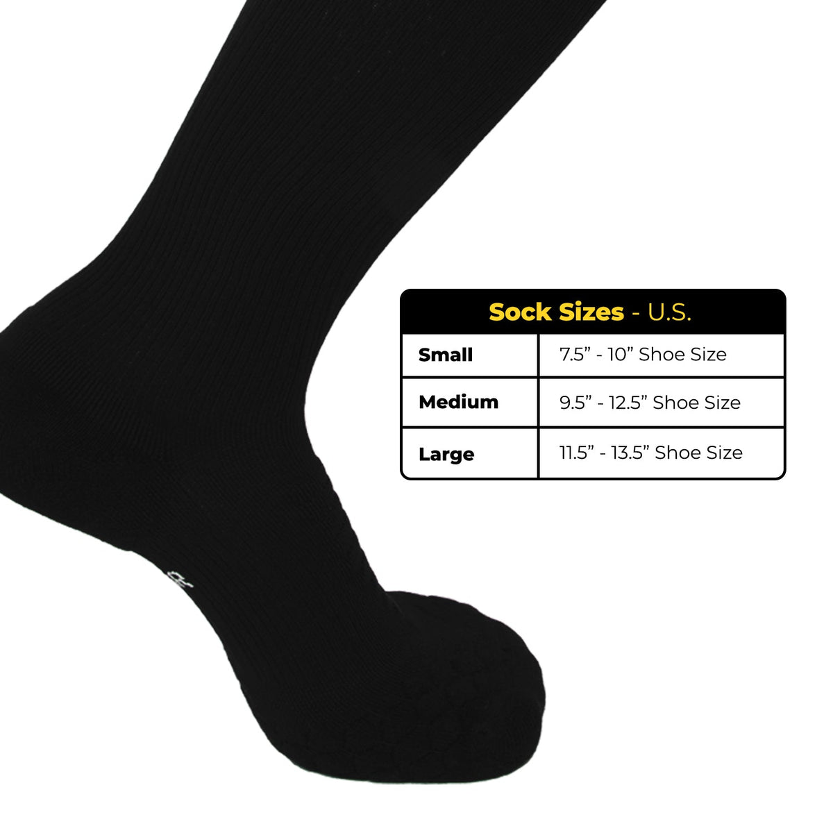iReliev AMP Crew Compression Socks in various sizes, featuring breathable fabric and supportive compression for improved circulation.