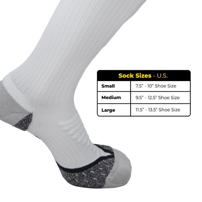 White iReliev AMP Leg Compression Socks showing the knee-high design with breathable fabric and snug fit for leg support.