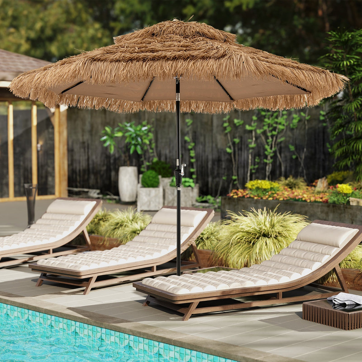 Solar-lit thatched tiki patio umbrella with adjustable height and 360-degree rotation for outdoor shade and decorative tiki style.
