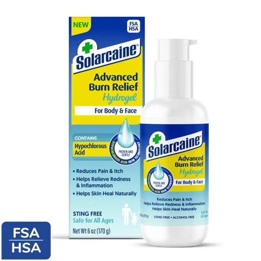 Solarcaine Advanced Burn Relief Hydrogel with Hypochlorous Acid in a 6 oz pump bottle for first aid relief of burns.