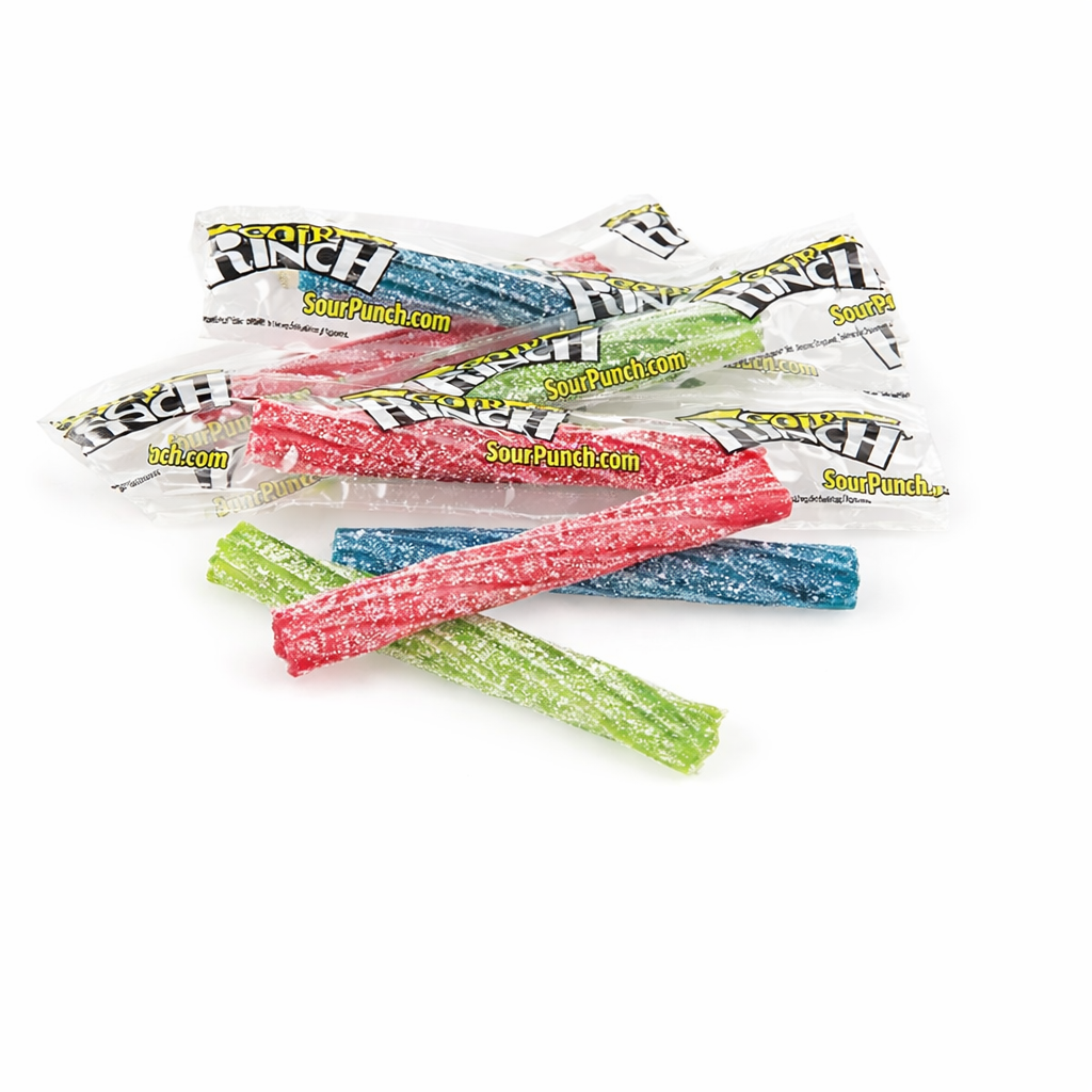 Assorted Sour Punch Twists candy in a bulk bag from Candy In Bulk, featuring colorful, tangy twisted candies in various flavors.