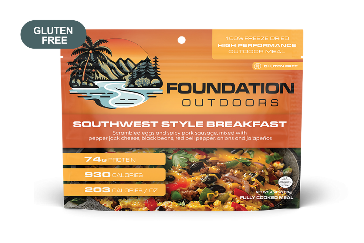 Southwest Style Breakfast Meal by FOUNDATION Outdoors featuring scrambled eggs, peppers, and breakfast ingredients on a plate.