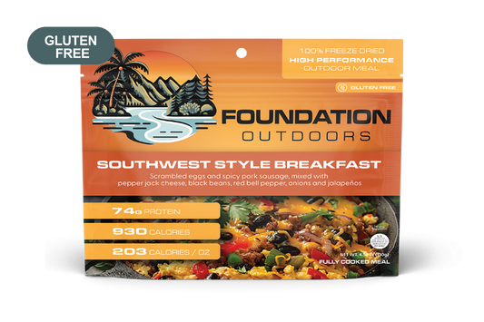 Southwest Style Breakfast Meal by FOUNDATION Outdoors featuring scrambled eggs, peppers, and breakfast ingredients on a plate.