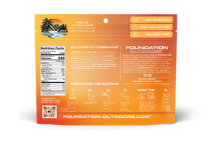 Southwest Style Breakfast Meal pouch by FOUNDATION Outdoors showing the back of the meal package with branding and product details.