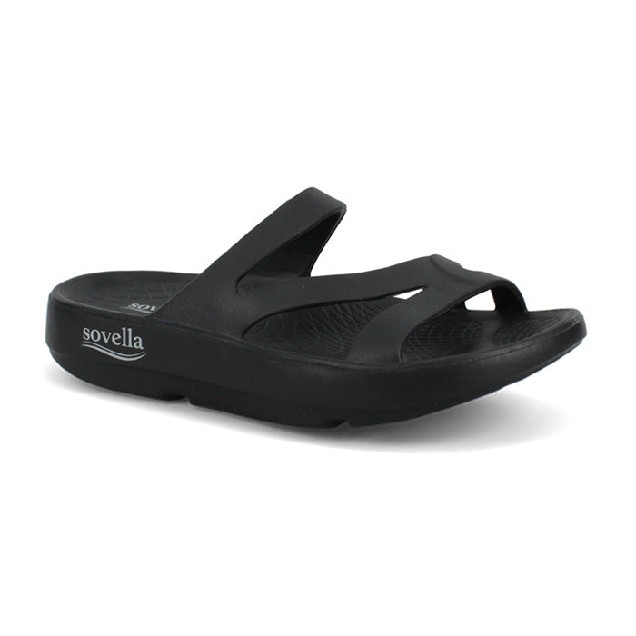 Black Sovella Active Recovery Sandals for women by Lucky Feet Shoes, featuring comfortable slide design and supportive sole.