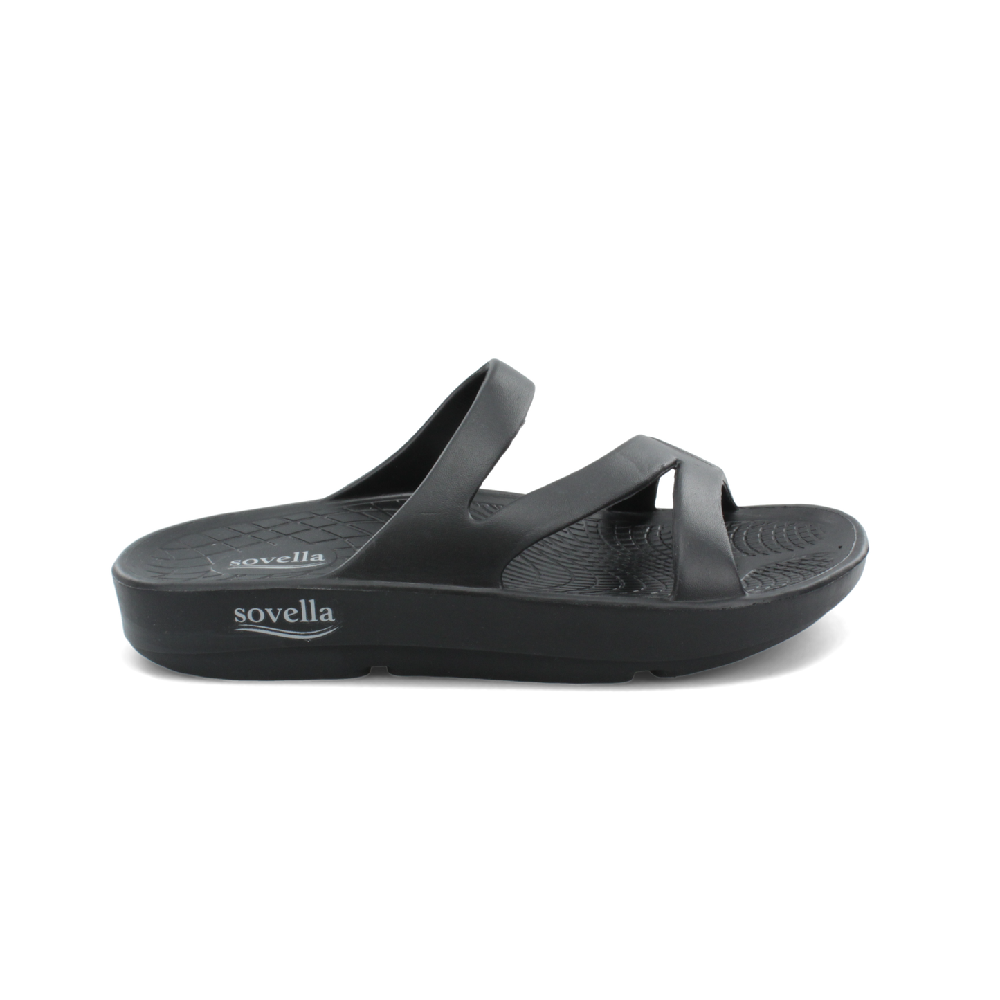 Women's Sovella Active Recovery Sandals by Lucky Feet Shoes in black, featuring a comfortable slip-on PF slide design.