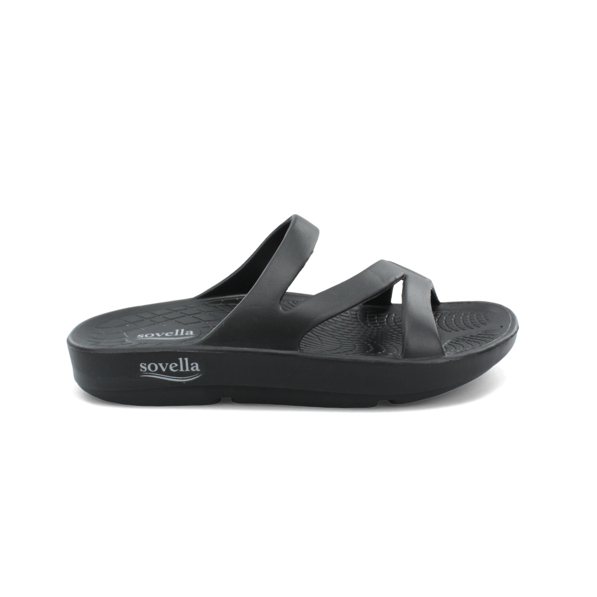 Women's Sovella Active Recovery Sandals by Lucky Feet Shoes in black, featuring a comfortable slip-on PF slide design.