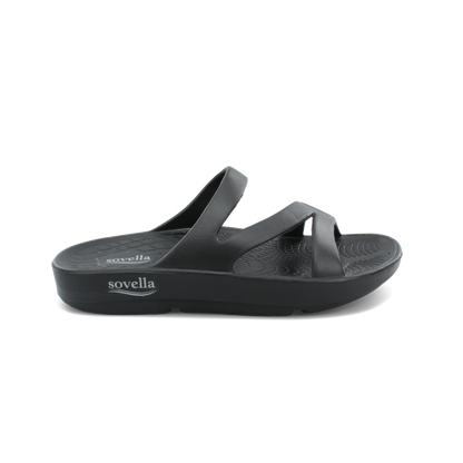 Women's Sovella Active Recovery Sandals by Lucky Feet Shoes in black, featuring a comfortable slip-on PF slide design.
