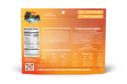 Foundation Outdoors spaghetti with meat sauce meal pouch showing cooked spaghetti and rich meat sauce in a ready-to-eat meal pouch.
