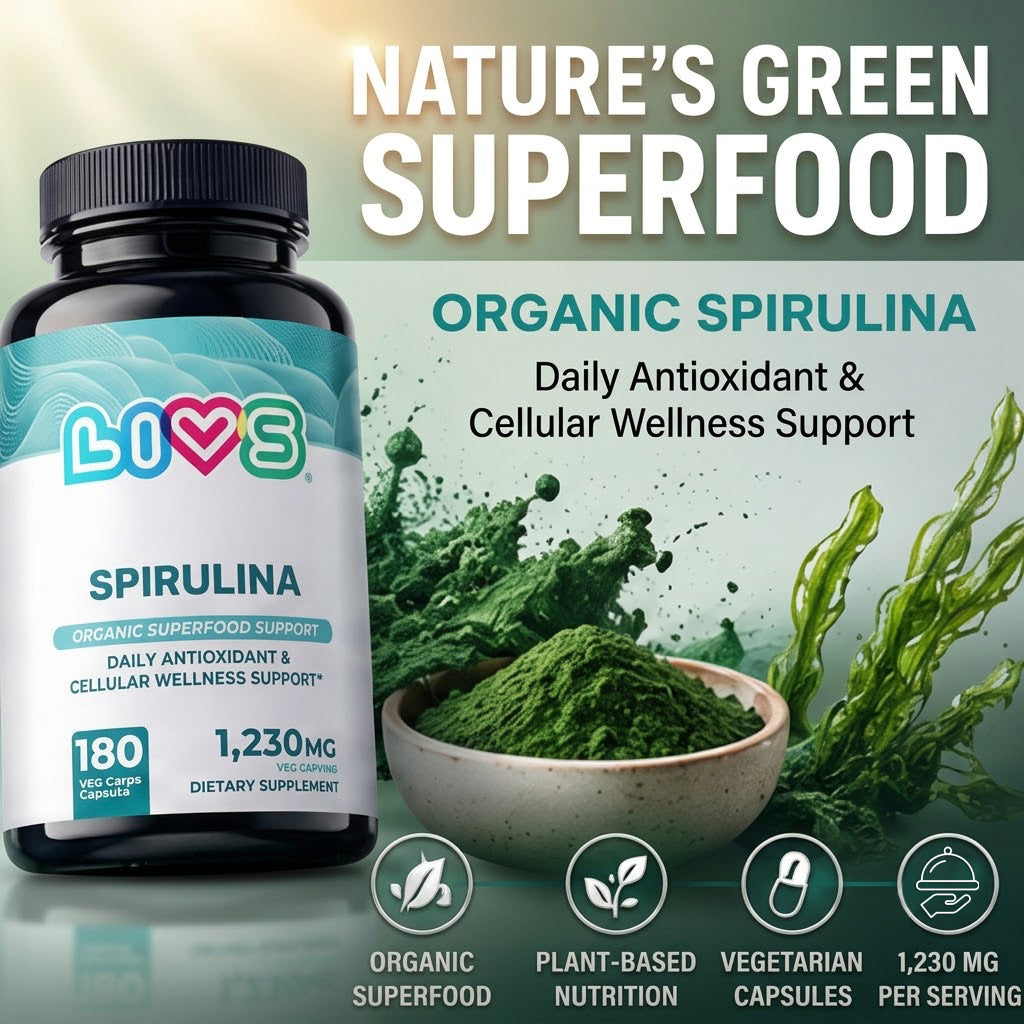 LIVS Organic Spirulina capsules for daily antioxidant support, showing green spirulina powder and capsules on a white background.