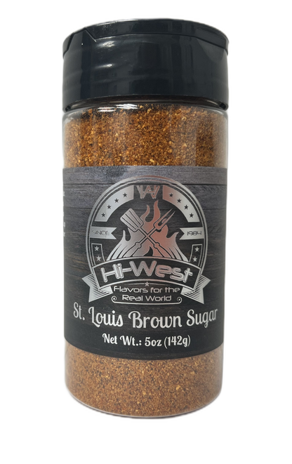 Hi-West St. Louis Brown Sugar Seasoning jar showing the front label, part of Hi-West Foods' spices and seasonings collection.