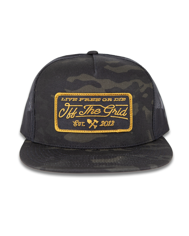 Black camo stamped snapback hat by Off The Grid Surplus with a bold stamped logo on the front.