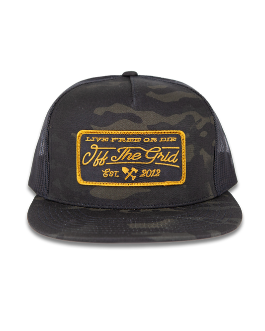 Black camo stamped snapback hat by Off The Grid Surplus with a bold stamped logo on the front.
