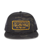 Black camo stamped snapback hat by Off The Grid Surplus with a bold stamped logo on the front.