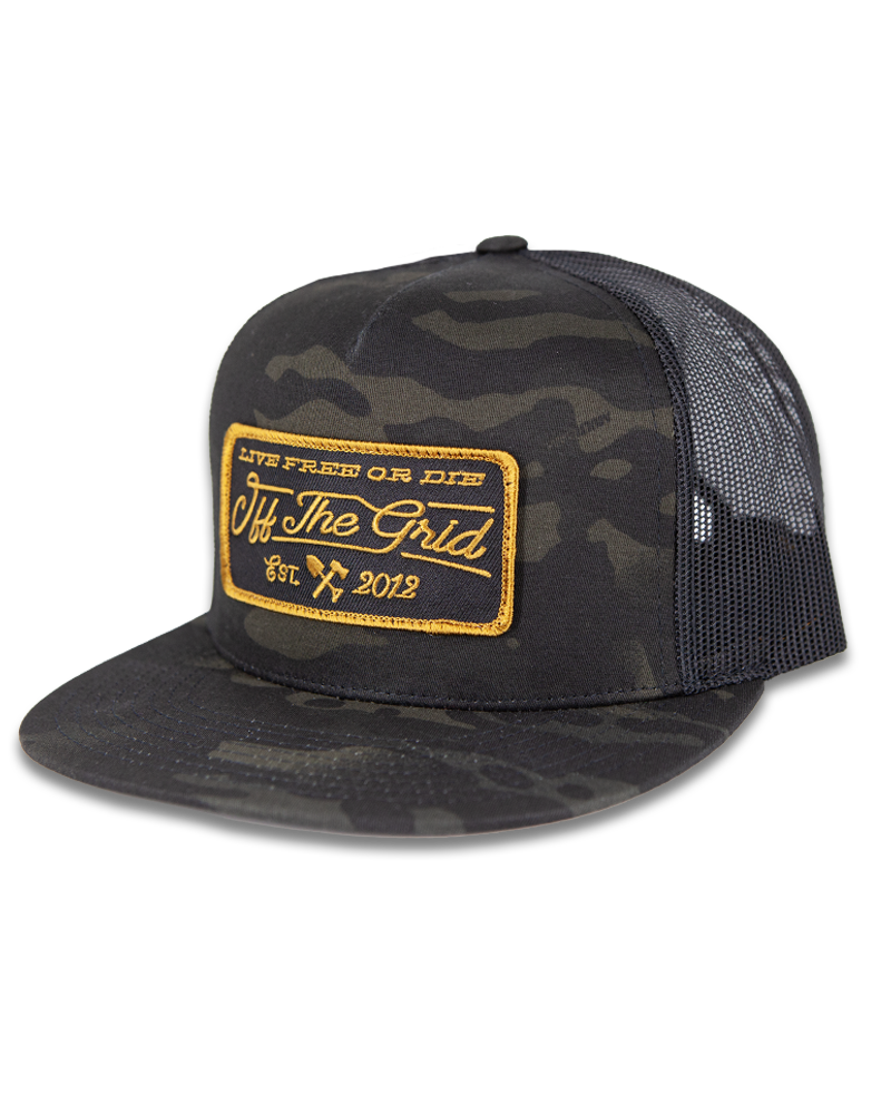 Black and camouflage stamped snapback hat by Off The Grid Surplus with bold front emblem and adjustable strap