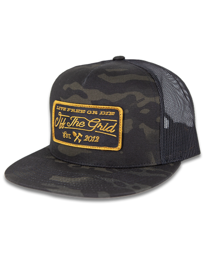 Black and camouflage stamped snapback hat by Off The Grid Surplus with bold front emblem and adjustable strap