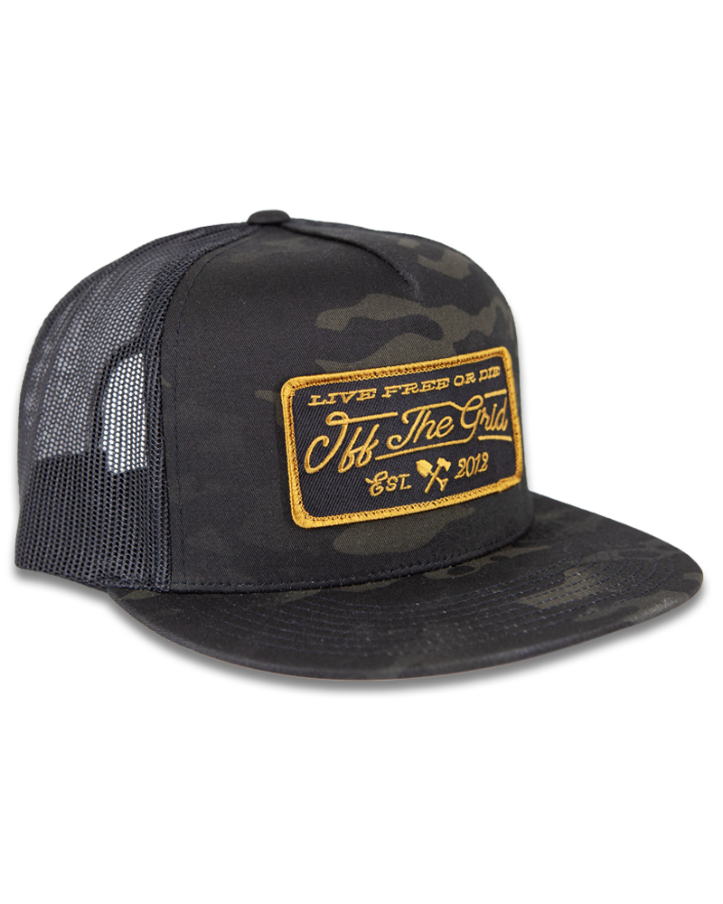 Black camouflage stamped snapback hat by Off The Grid Surplus with bold front logo and adjustable strap.