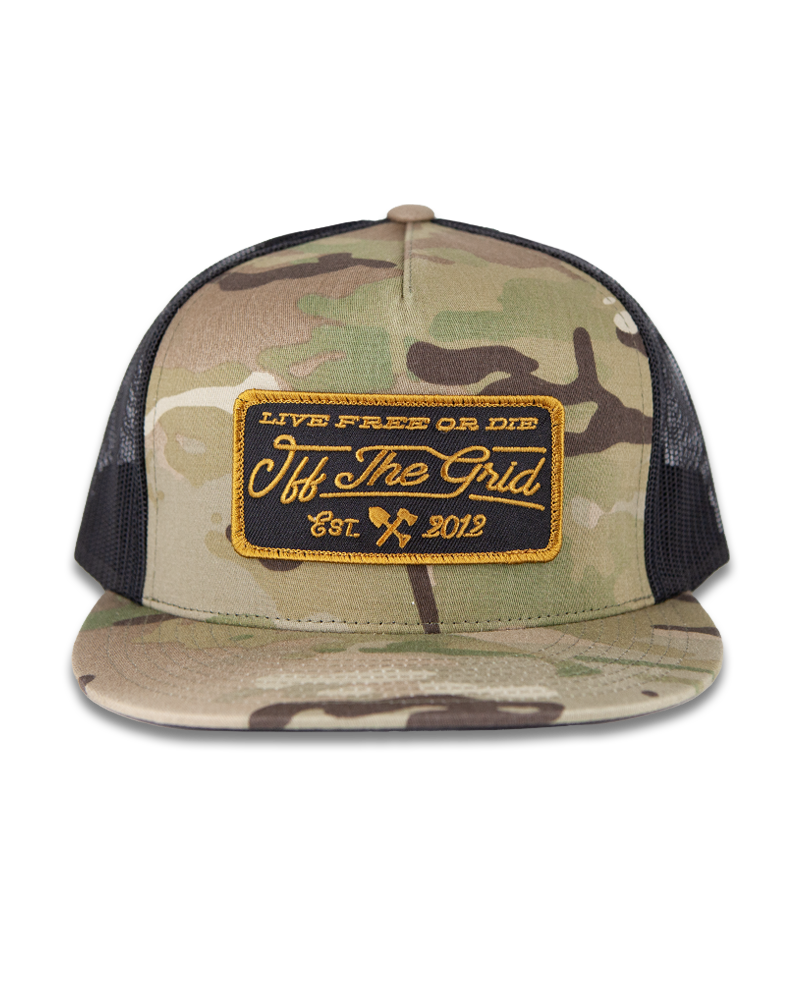 Multicam stamped snapback hat by Off The Grid Surplus, featuring a bold stamped design and adjustable brim.