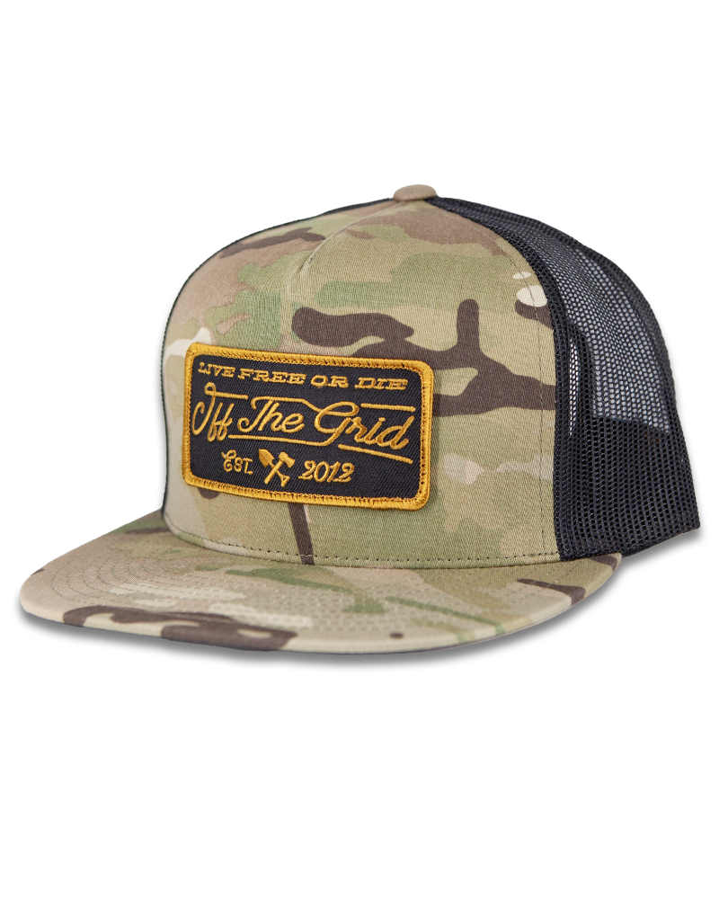 Multicam stamped snapback hat by Off The Grid Surplus featuring a bold stamped design on the front.