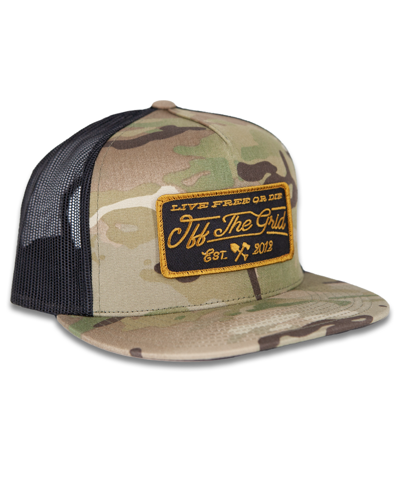 Off The Grid Surplus stamped snapback hat with Multicam pattern, featuring a bold stamped logo on the front.