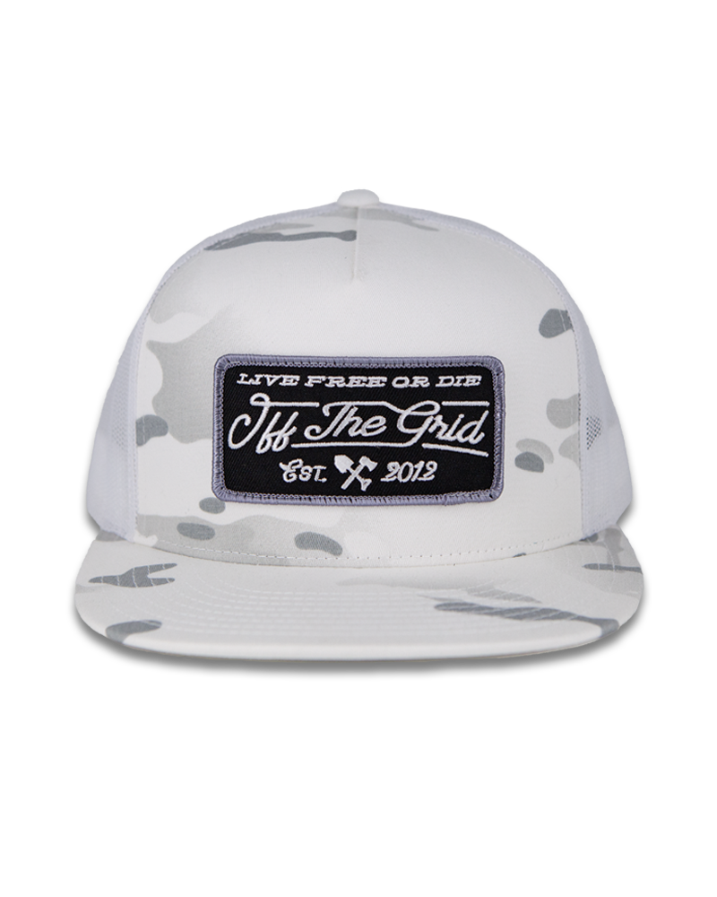 White camo stamped snapback hat by Off The Grid Surplus featuring a structured design and bold stamped logo on front.