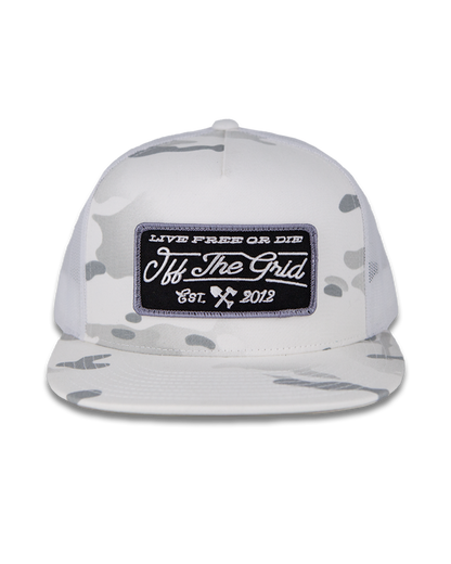 White camo stamped snapback hat by Off The Grid Surplus featuring a structured design and bold stamped logo on front.