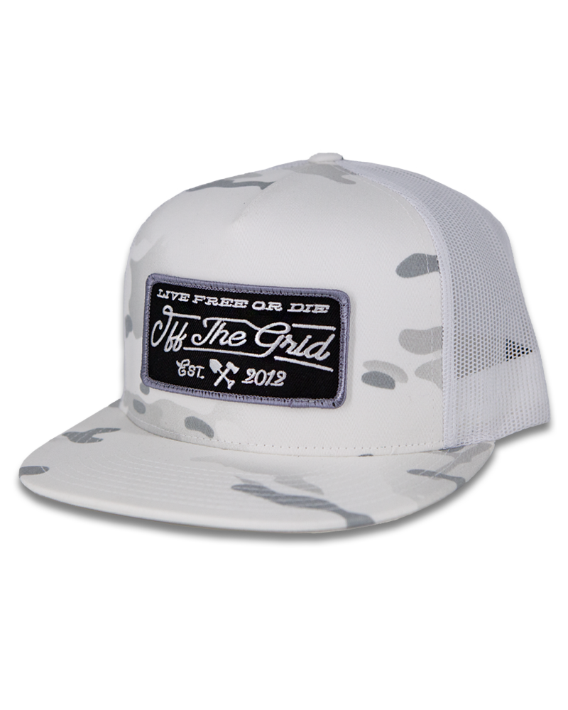 White camo stamped snapback hat by Off The Grid Surplus with a structured brim and adjustable strap.