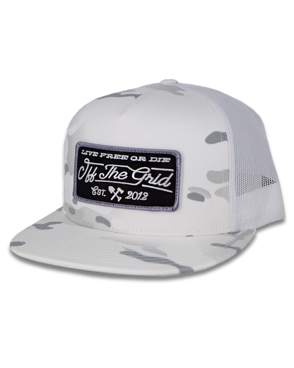 White camo stamped snapback hat by Off The Grid Surplus with a structured brim and adjustable strap.