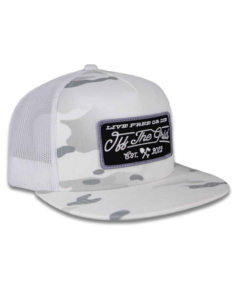 White camo stamped snapback hat by Off The Grid Surplus with a curved brim and adjustable strap.
