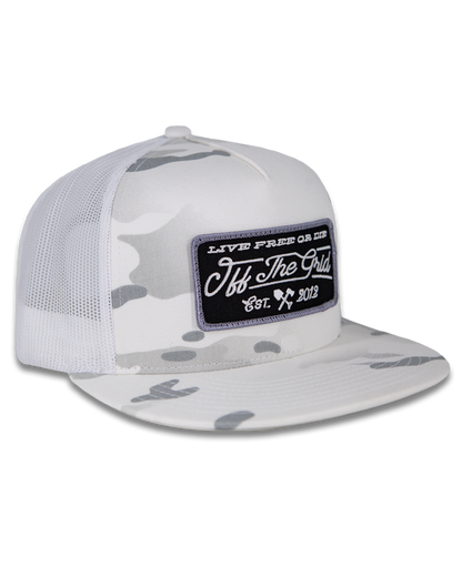 White camo stamped snapback hat by Off The Grid Surplus with a curved brim and adjustable strap.