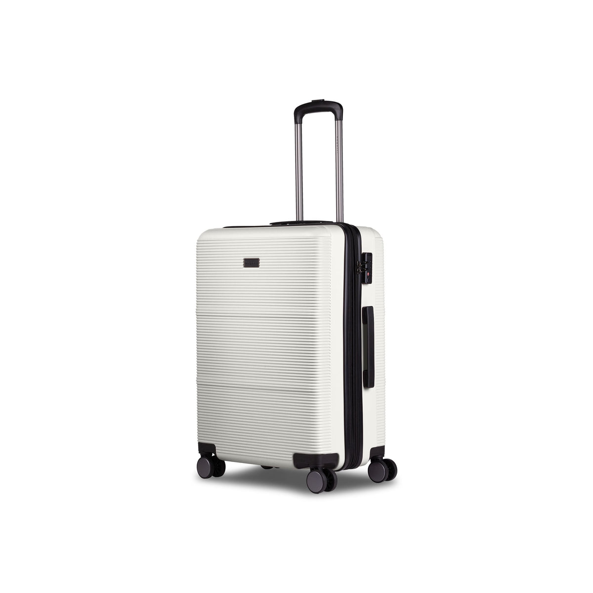 Bugatti Travel Brussels Medium Check-in luggage with beige checkered pattern and sturdy wheels, viewed from an angle.