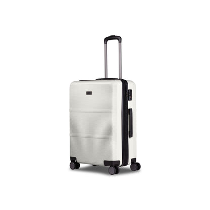Bugatti Travel Brussels Medium Check-in luggage with beige checkered pattern and sturdy wheels, viewed from an angle.