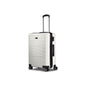 Bugatti Travel Brussels Medium Check-in luggage with beige checkered pattern and sturdy wheels, viewed from an angle.