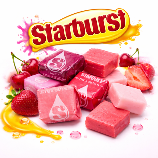 Starburst FaveREDS fruit chews from Candy In Bulk in a large bulk bag, showing colorful chewy candy pieces.