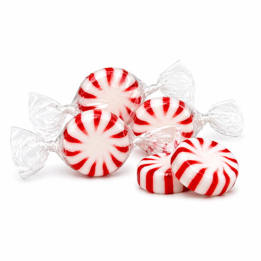 Bright red and white peppermint hard candies from Candy In Bulk's Starlight Peppermint collection in a bulk value bag.