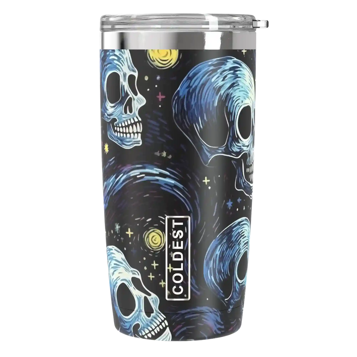 Coldest 20 oz Tumbler v2 hydration bottle with starry skull design, stainless steel insulation, and leak-proof lid.