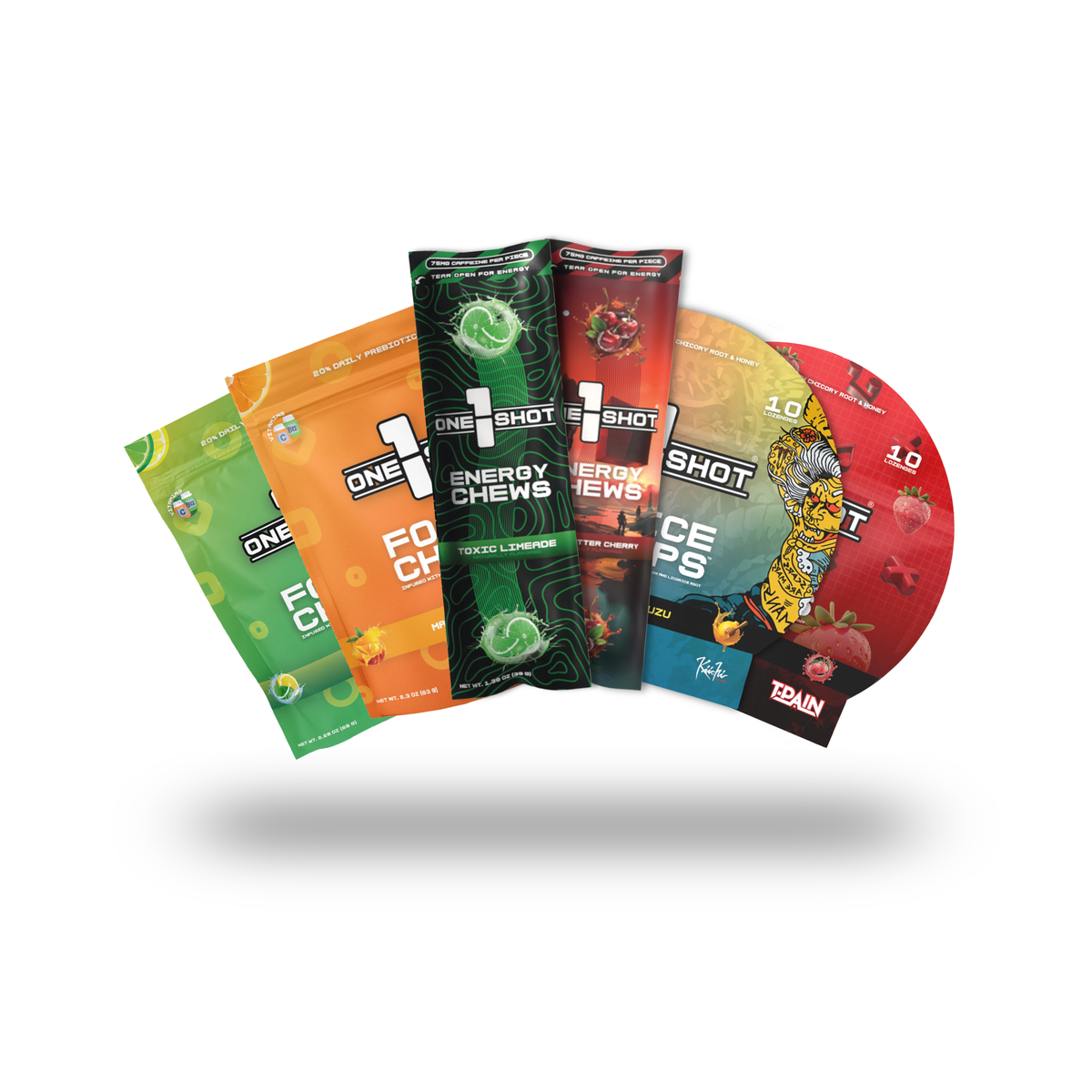 Assorted energy drink cans from 1 Shot Energy Starter Variety Stack bundle displayed in a neat arrangement.