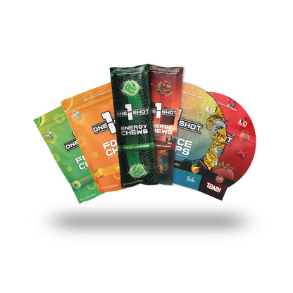 Assorted energy drink cans from 1 Shot Energy Starter Variety Stack bundle displayed in a neat arrangement.