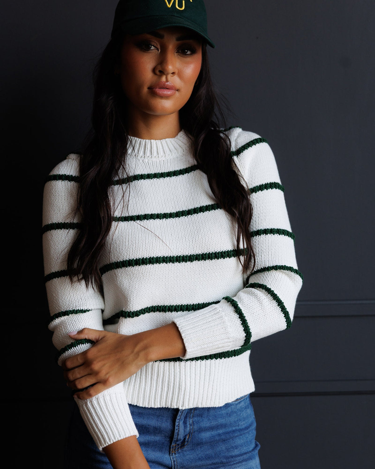 Downeast Stitch Stripe Crew sweater with a knitted pattern, featuring colorful stripes and a cozy crewneck design.