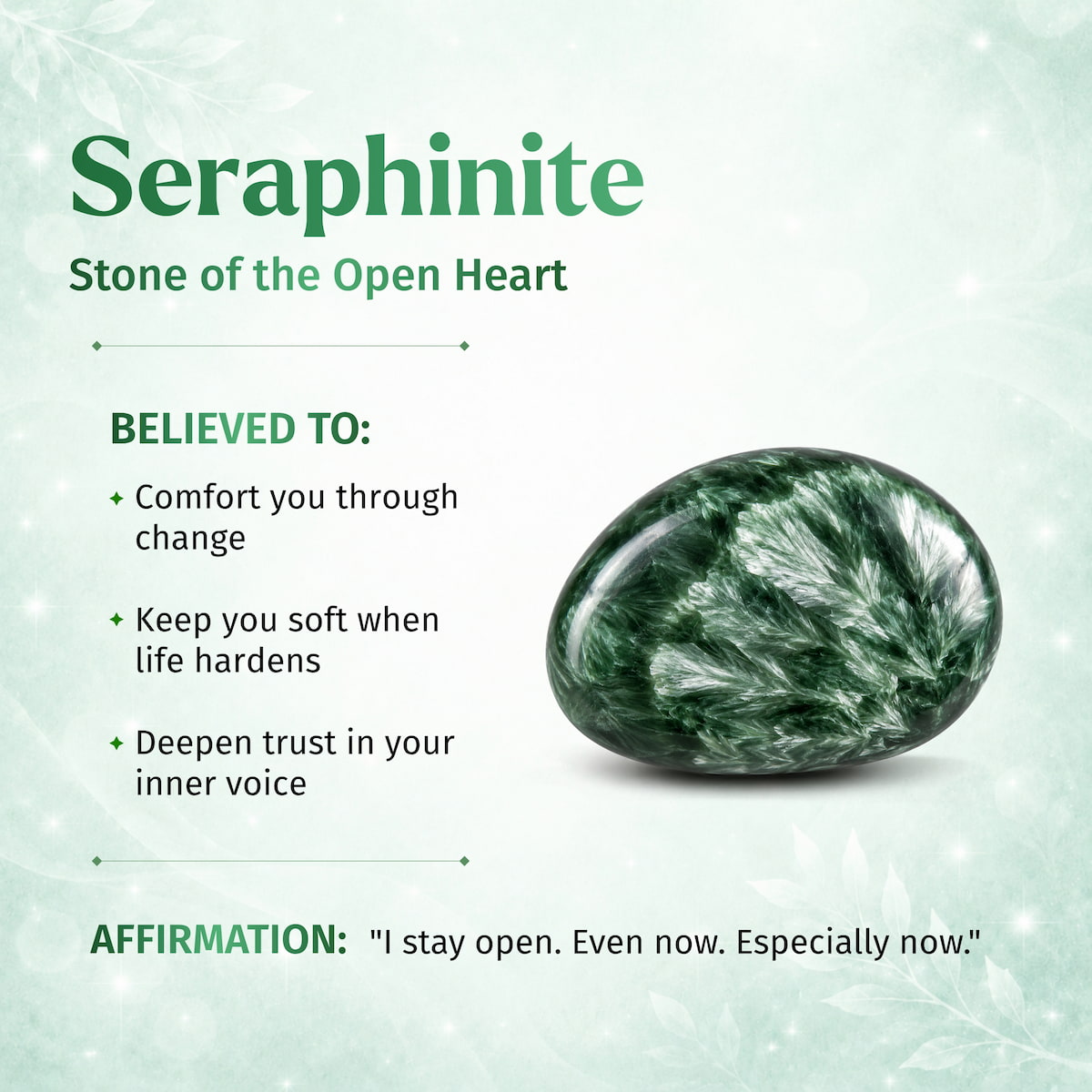 Seraphinite pendant necklace from The Angel By My Side collection by Conscious Items, featuring a green, shimmering stone.