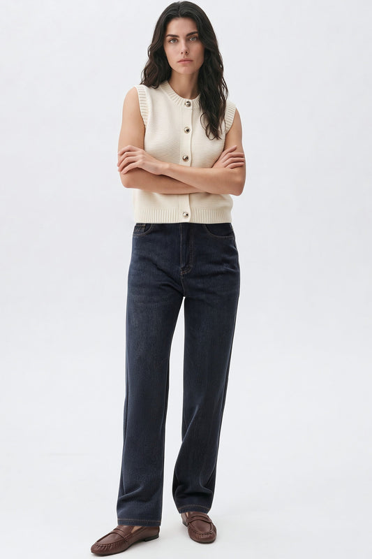 Indigo straight-leg jeans by Aftershock London, shown on a model, featuring classic denim fabric and a slim fit style.