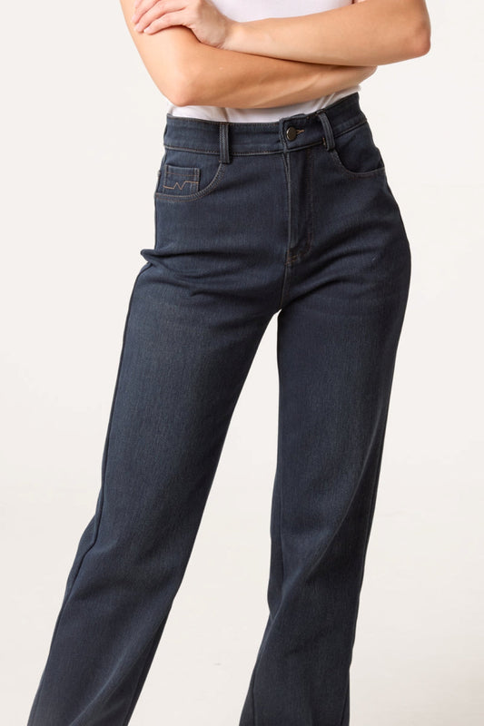 Indigo straight leg jeans from Aftershock London, showing classic fit and denim texture in a close-up image.