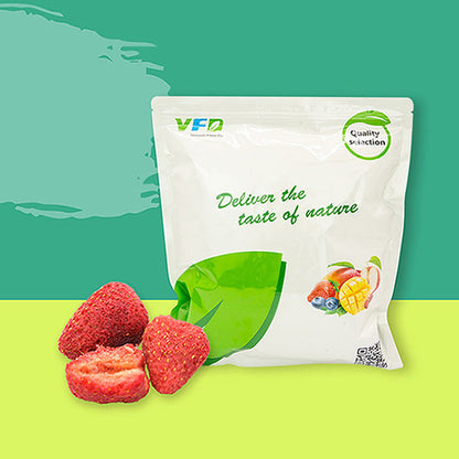 VFD.US freeze-dried whole strawberries, sweetened, as part of Strawberry Crisp, showing vibrant red dried fruit in bulk supply.